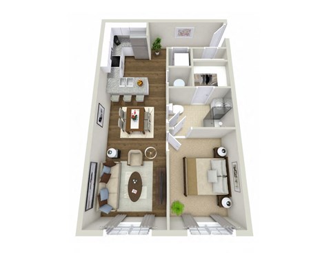 Floor plan for 1 bed, 1 bath, 637 sqft